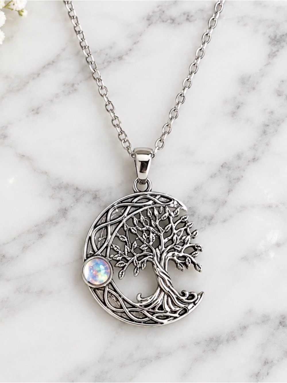 Silver Tree of Life Crescent Necklace with Opalescent Accent